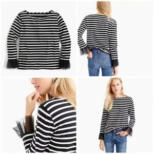 J.‎ Crew Black & White Nautical Striped Shirt Tulle Cuff Women’s Size XXS (447)
